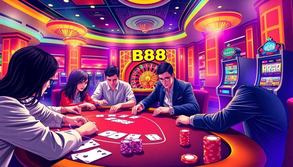 Players enjoying an exciting poker game at BJ 888 casino table with vibrant atmosphere.