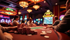 Engaging players at a poker table and vibrant slot machines highlight the excitement of the 789f link casino experience.
