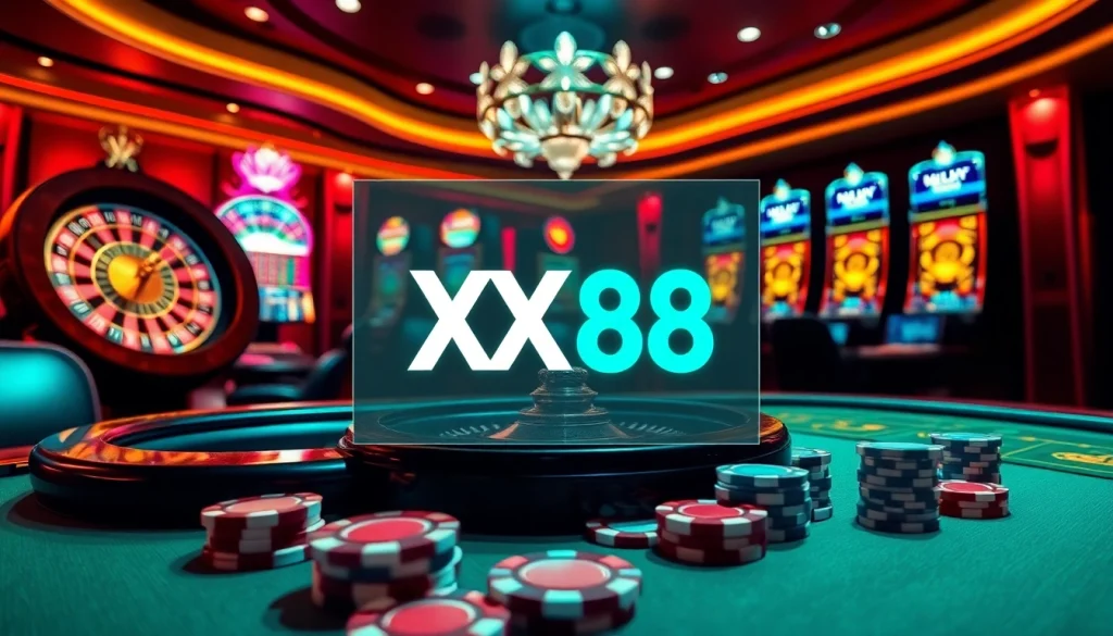 Experience thrilling moments at XX 88 online casino with vibrant slot machines and roulette wheel.