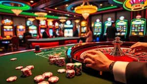 Hello88 casino scene with roulette table, excited players, and vibrant slot machines.