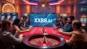 Engaged players at a stylish poker table in an online casino scene featuring XX88.AI.