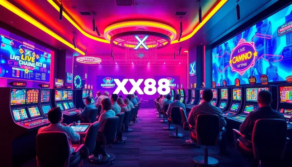 Exciting scene of players engaging in online gambling at Nhà cái xx88, showcasing vibrant gaming interfaces and a modern design.