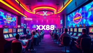 Exciting scene of players engaging in online gambling at Nhà cái xx88, showcasing vibrant gaming interfaces and a modern design.