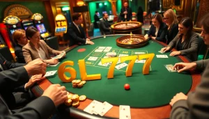 Experience the thrill of 6L777 with an elegant casino scene featuring poker chips, a roulette wheel, and lively players.
