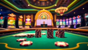 Experience high-stakes excitement with hay88 at a luxurious casino poker table filled with vibrant chips and cards.