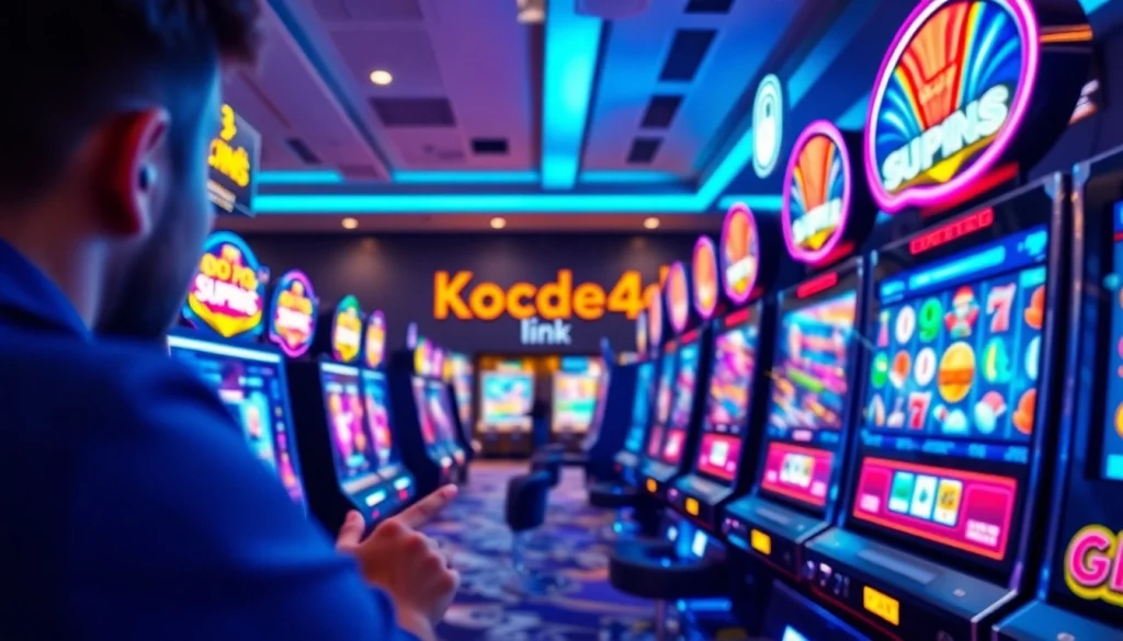 Engaging gaming scene with Kode4d link showcasing colorful slot machines and user interaction.