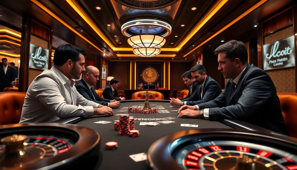 lc88 poker players strategizing at a high-stakes table in an elegant casino setting