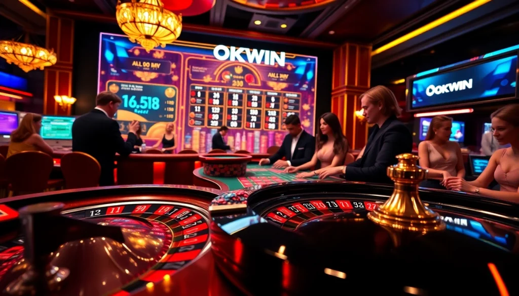 Experience excitement at OKWIN's vibrant gaming tables with roulette and poker action.