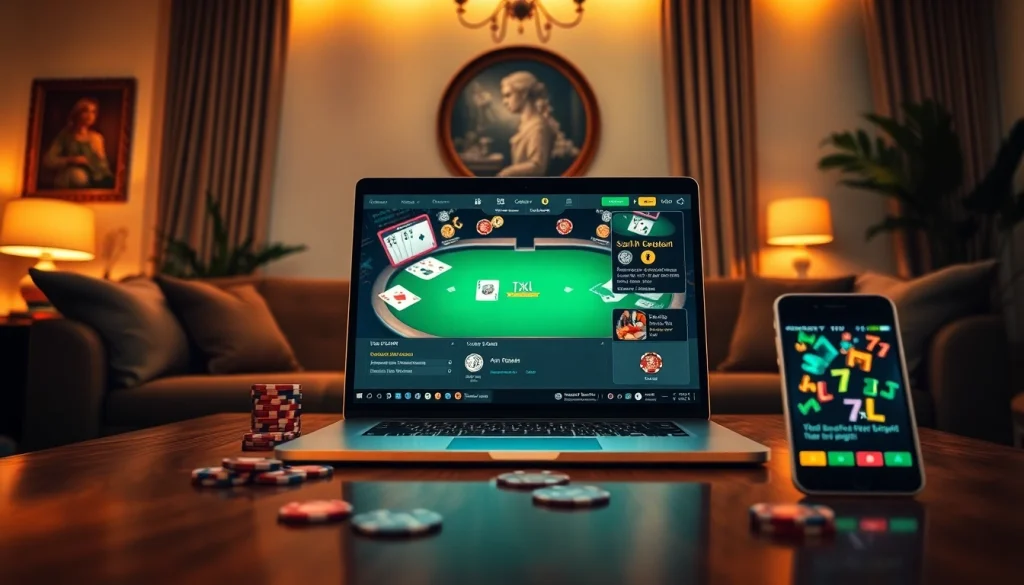 סצנת פוקר אונליין דינמית עם 7xl סוכן על מחשב נייד, המשדרת התלהבות ואמון בהגדרת יוקרתית נעימה.
