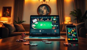 סצנת פוקר אונליין דינמית עם 7xl סוכן על מחשב נייד, המשדרת התלהבות ואמון בהגדרת יוקרתית נעימה.