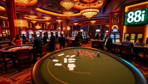 Exciting gaming experience at 88i casino with poker tables and slot machines.