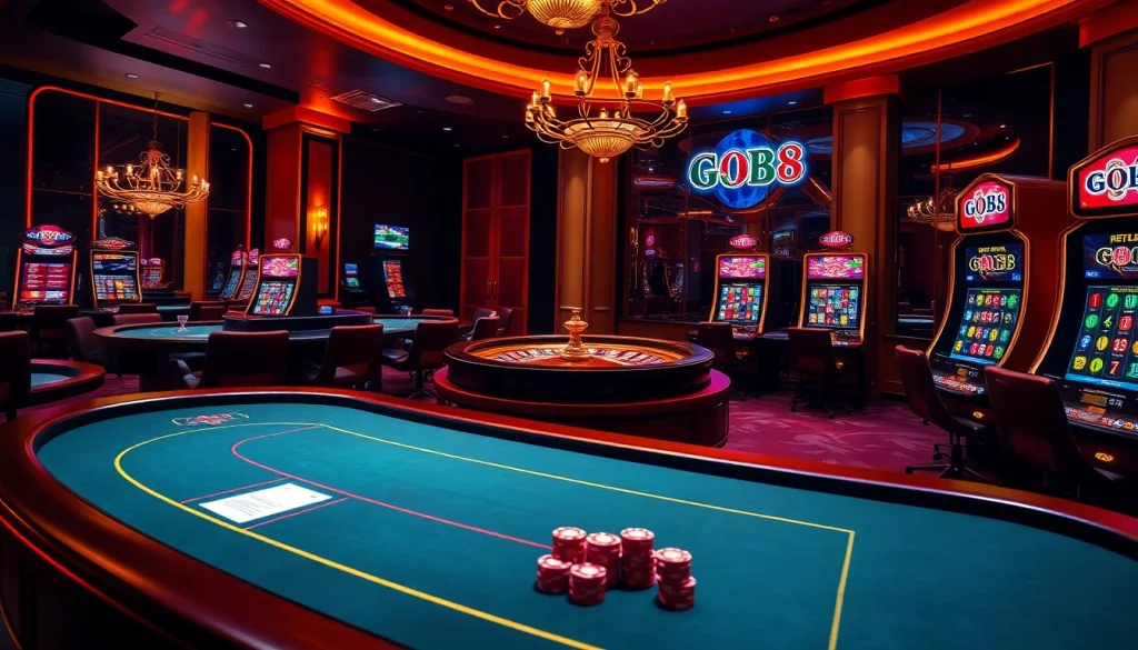 High-stakes excitement at go88 com with vibrant slot machines and elegant casino tables.