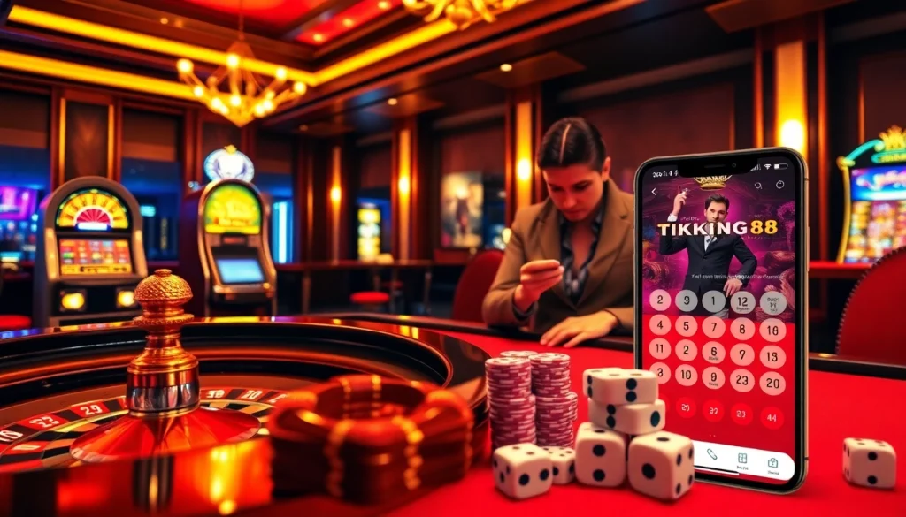 Tải king88 app displayed on a smartphone amidst a vibrant casino table scene.