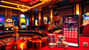 Tải king88 app displayed on a smartphone amidst a vibrant casino table scene.
