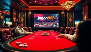 Experience jagoan86 at an upscale casino poker table with vibrant chips and dealers.