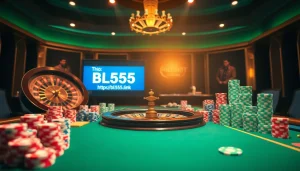 Experience the thrill of online gaming at https://bl555.link/ with lavish casino scenes featuring poker chips and roulette wheels.