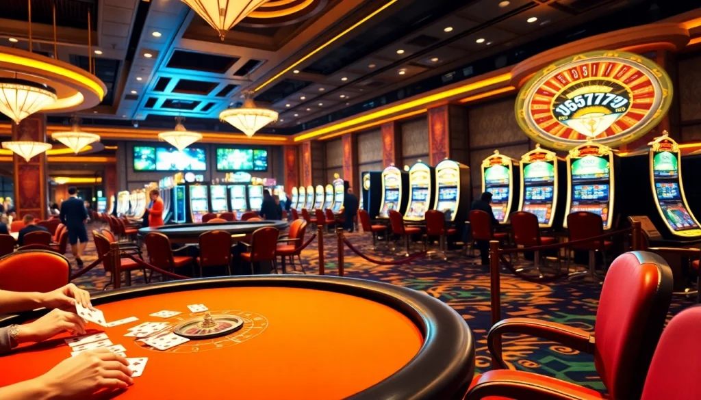 Exciting poker action at 5z7772 com in a luxurious casino setting with roulette and slot machines.