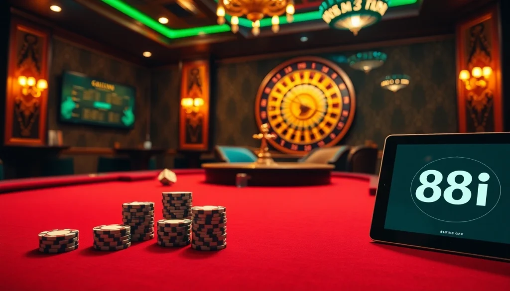 Experience winning strategies at the 88i casino table, featuring poker chips and roulette wheels.