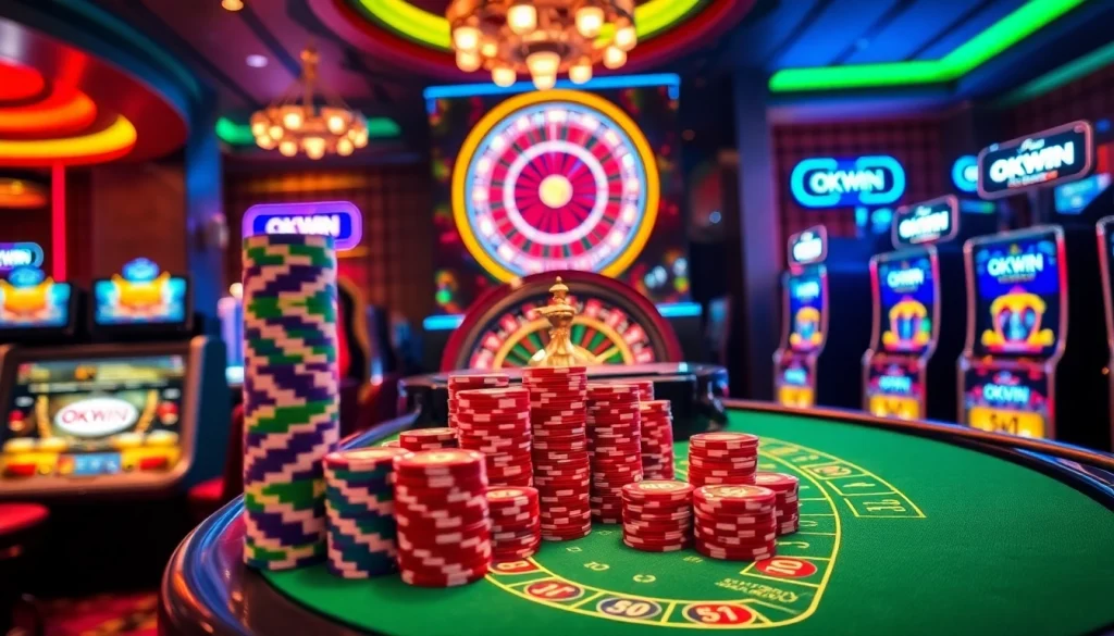 Experience a thrilling gaming session at OKWIN's professional casino setup with vibrant tables and modern slot machines.