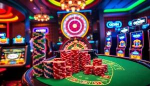 Experience a thrilling gaming session at OKWIN's professional casino setup with vibrant tables and modern slot machines.