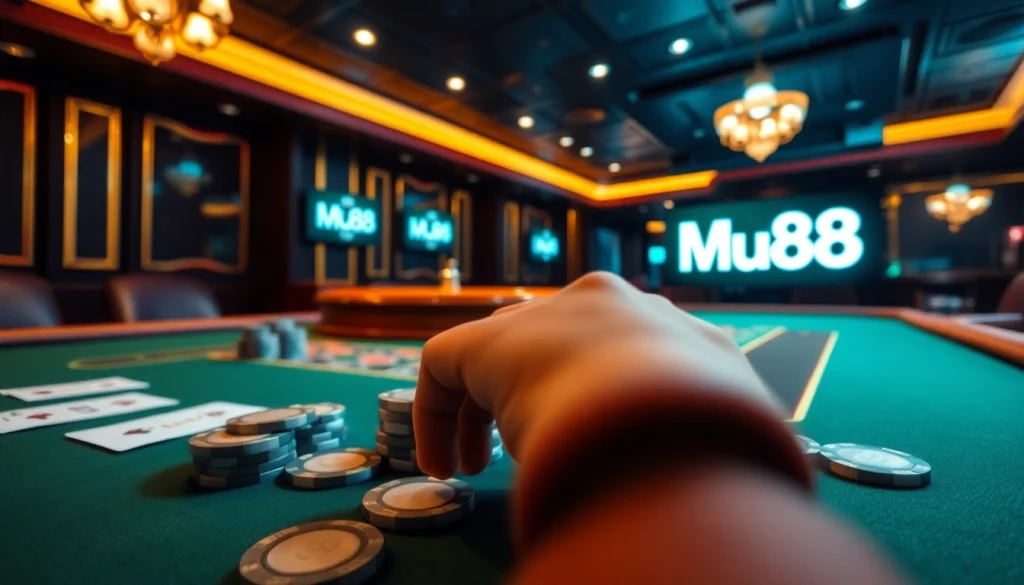Mu88 Casino atmosphere with exciting gameplay at a poker table featuring high-quality chips.