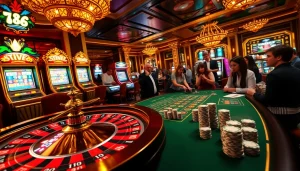 Exciting gameplay at 789club featuring vibrant slot machines and an ornate poker table.