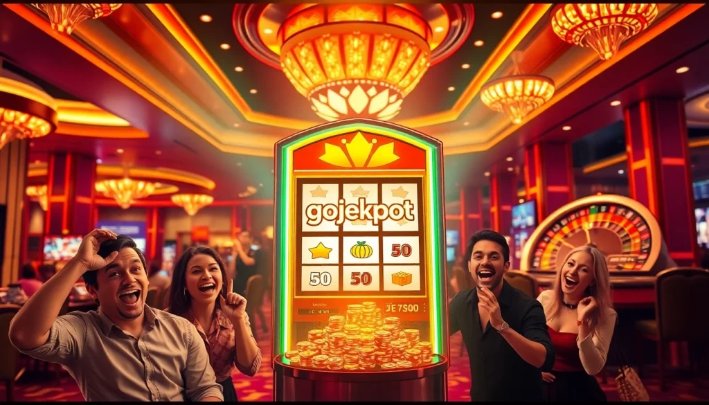 Players engaging with the gojekpot slot machine in a rich casino atmosphere filled with excitement.