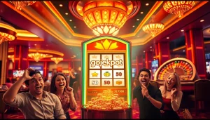 Players engaging with the gojekpot slot machine in a rich casino atmosphere filled with excitement.