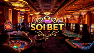 Engaging casino scene showcasing SOIBET with vibrant games and professional gamblers.