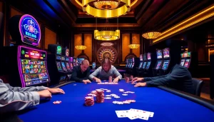 Mu88 casino features a high-stakes poker table with vibrant slot machines.