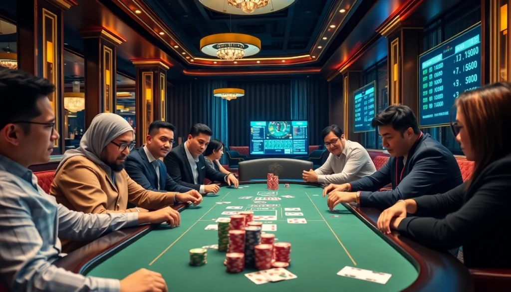 Engage in เทคนิคแทงบอล at a luxurious poker table with vibrant chips and strategic postures.