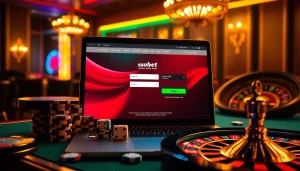 Sbobet login interface displayed on a sleek laptop, surrounded by poker chips and dice, evoking an elegant gambling atmosphere.