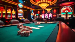 S8 nhà cái features an elegant casino scene with poker tables, vibrant slot machines, and a roulette wheel.