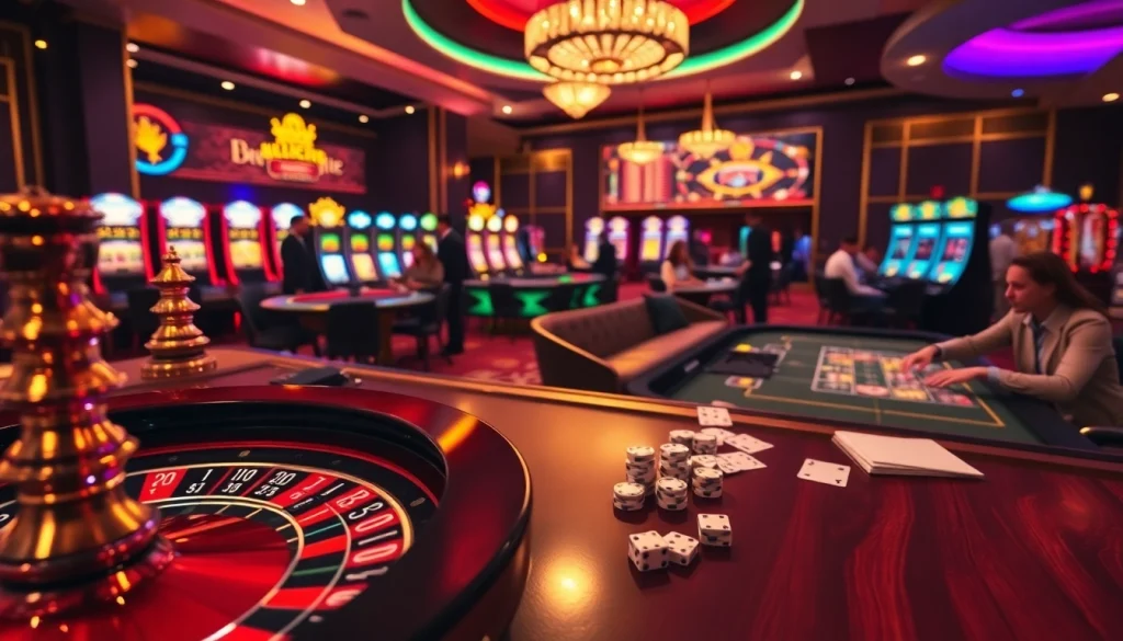 The vibrant casino scene highlighting exciting gaming action showcasing https://kk55.group elements, featuring poker tables, roulette, and slot machines.