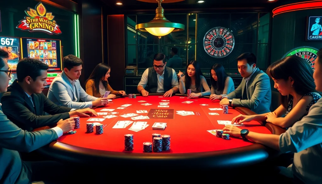 Exciting casino scene showcasing gambling players engaged in lô kép 247 strategy, chips, and vibrant tables.