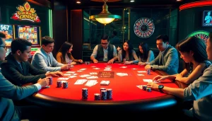 Exciting casino scene showcasing gambling players engaged in lô kép 247 strategy, chips, and vibrant tables.