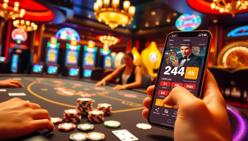 Trải nghiệm sự phấn khích tại 24KClub với hình ảnh casino sống động gồm chip poker và bàn cược.