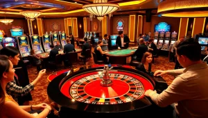 A high-stakes gaming experience at urr88.com, featuring players at a roulette table and engaging poker games.