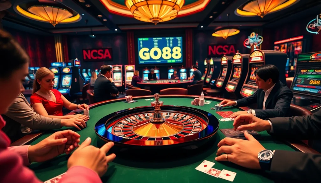 Players engaging in exciting games at GO88 casino, showcasing vibrant roulette and slot machines.