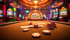 סצנת קזינו מקוונת צבעונית של 7xl המציגה צ'יפים לפוקר וגלגל רולטה.