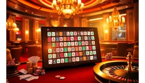 חוויה של רמיקוב אונליין באווירה קזינית תוססת, המציגה משחק אסטרטגי עם אריחים צבעוניים ואלמנטים של קזינו.