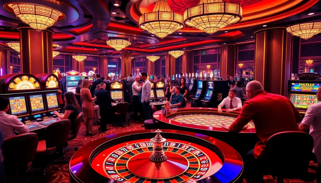 The gaming excitement of https://l444.art/ showcased with vibrant slot machines and roulette tables.