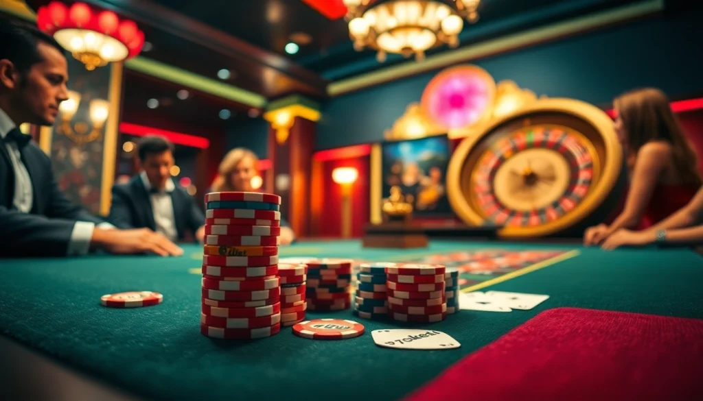 A thrilling gaming scene featuring a poker table with 7upbet branding, colorful chips, and a spinning roulette wheel.