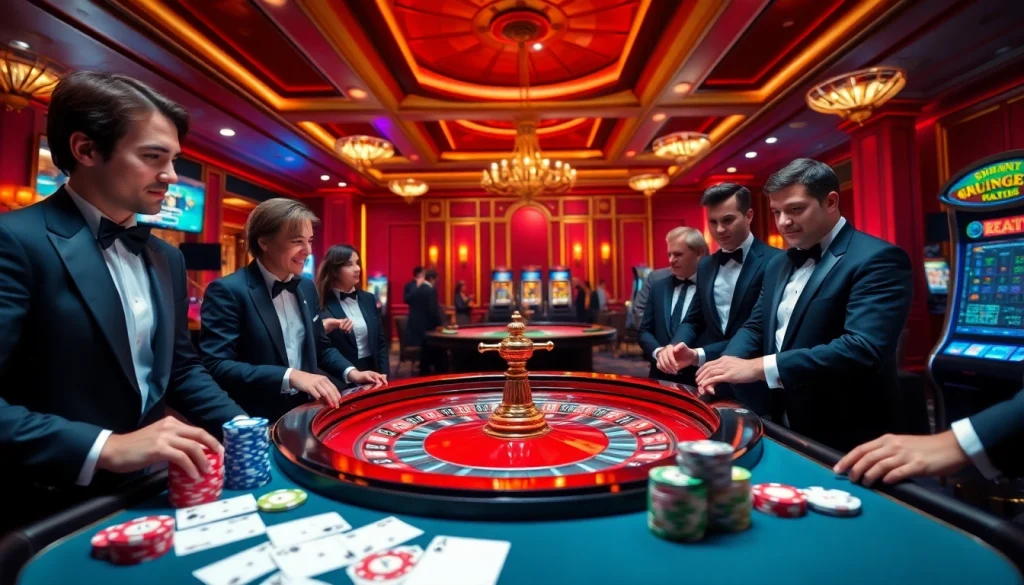 NAGA1001 casino scene with eager gamblers at a roulette table, surrounded by chips and cards.