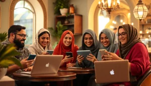 مشهد نابض بالحياة لمجموعة أشخاص متنوعين يمارسون شات عربي في مقهى مريح