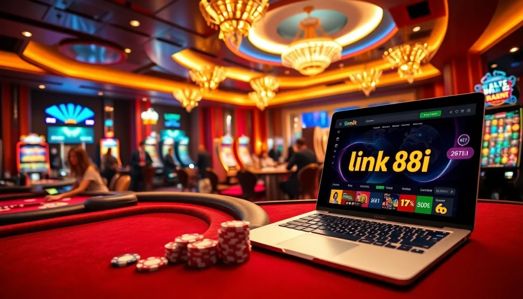 High-stakes casino scene showcasing link 88i with excited players and elegant gaming tables.