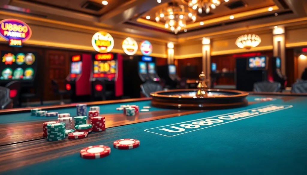 Experience thrilling gameplay at U8888 with vibrant poker chips and roulette wheel.