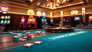 Experience thrilling gameplay at U8888 with vibrant poker chips and roulette wheel.