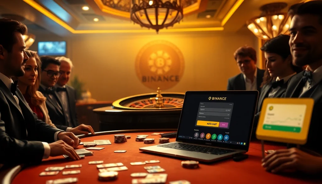 Engage in 바이낸스 회원가입 through an elegant casino scene showcasing poker chips and cards.