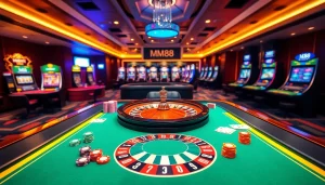 Gamblers engaged in an exciting game at mm88 com casino table with vibrant chips and cards.